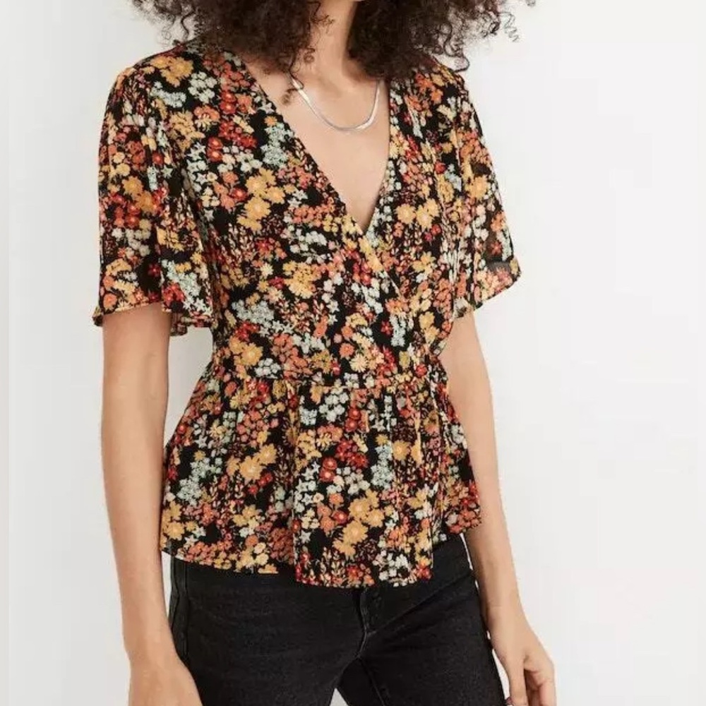 Madewell Tie-Front Floral Wrap Peplum Top Boho Preppy Cottagecore Size S